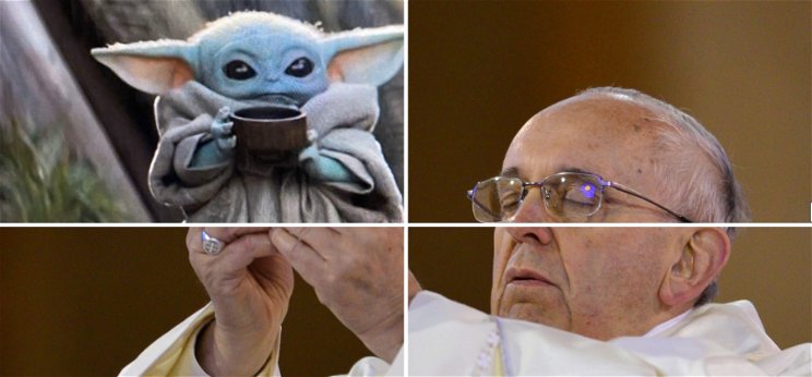 Egy új mém formátum hódít a neten: Ferenc pápa a magasba emeli bébi Yodát