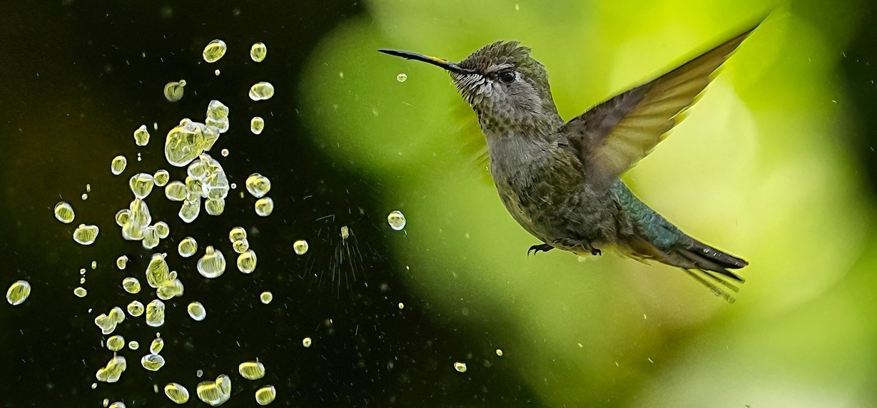 A természet csodái: egy kolibri és a vízcseppek tánca